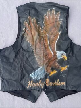 RARE VINTAGE HARLEY DAVIDSON HAND PAINTED BALD EAGLE MENS LEATHER VEST SZ LG 44